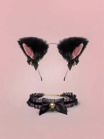 2pcs Women's Sexy Cat Ear Headband With Bells And Bow, Party Accessory, Halloween Gift, Fall Fashion Hair Decoration