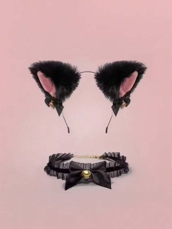 2pcs Women's Sexy Cat Ear Headband With Bells And Bow, Party Accessory, Halloween Gift, Fall Fashion Hair Decoration