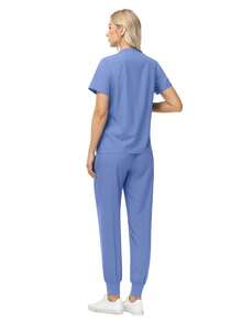 Pants Sets Short Sleeved Top Scrub Solid Color Surgical Gowns Hospital Accessories Manicurist Beautician Nursing Scrub Sets Women - Baby Blue - View 4