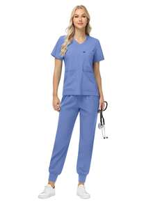 Pants Sets Short Sleeved Top Scrub Solid Color Surgical Gowns Hospital Accessories Manicurist Beautician Nursing Scrub Sets Women - Baby Blue - View 5