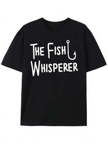 Men's Graphic T-Shirt "The Fish Whisperer" - Soft And Breathable Short-Sleeve Casual T-Shirt With Fishing Hook Design, Black And White Print For Summer Outdoor Activities, Fishing Enthusiasts, Durable Fabric T-Shirt, Fishing Gear - 黑色 - 查看 1
