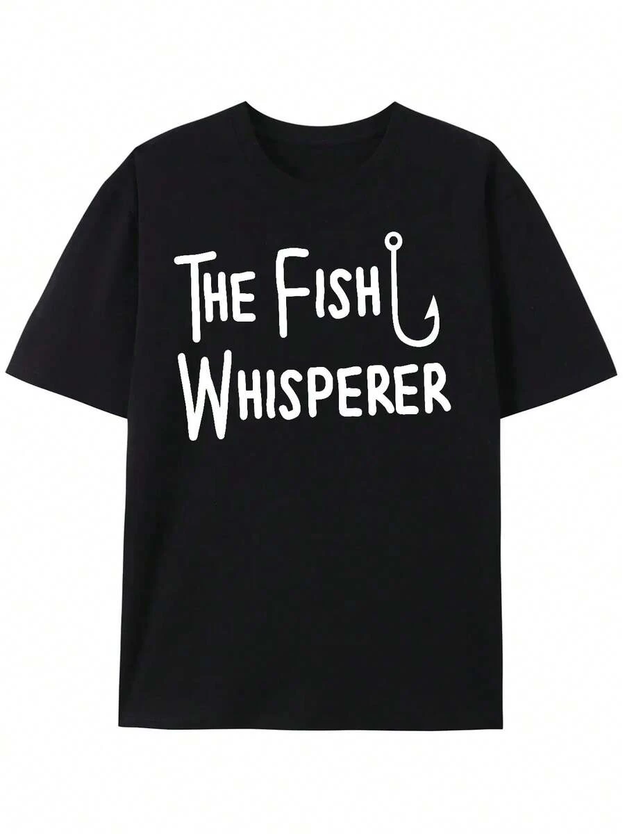 Men's Graphic T-Shirt "The Fish Whisperer" - Soft And Breathable Short-Sleeve Casual T-Shirt With Fishing Hook Design, Black And White Print For Summer Outdoor Activities, Fishing Enthusiasts, Durable Fabric T-Shirt, Fishing Gear - 黑色 - 查看 1