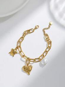 Mazuer 1 Stück 18K vergoldetes Edelstahl Vintage Stil personalisiertes Perlen Herz Schildkröten Armband, Geschenk für Frauen, Y2K Western Schmuck, geeignet für Schulanfang, Feiertage, Partys, Alltag, Urlaub