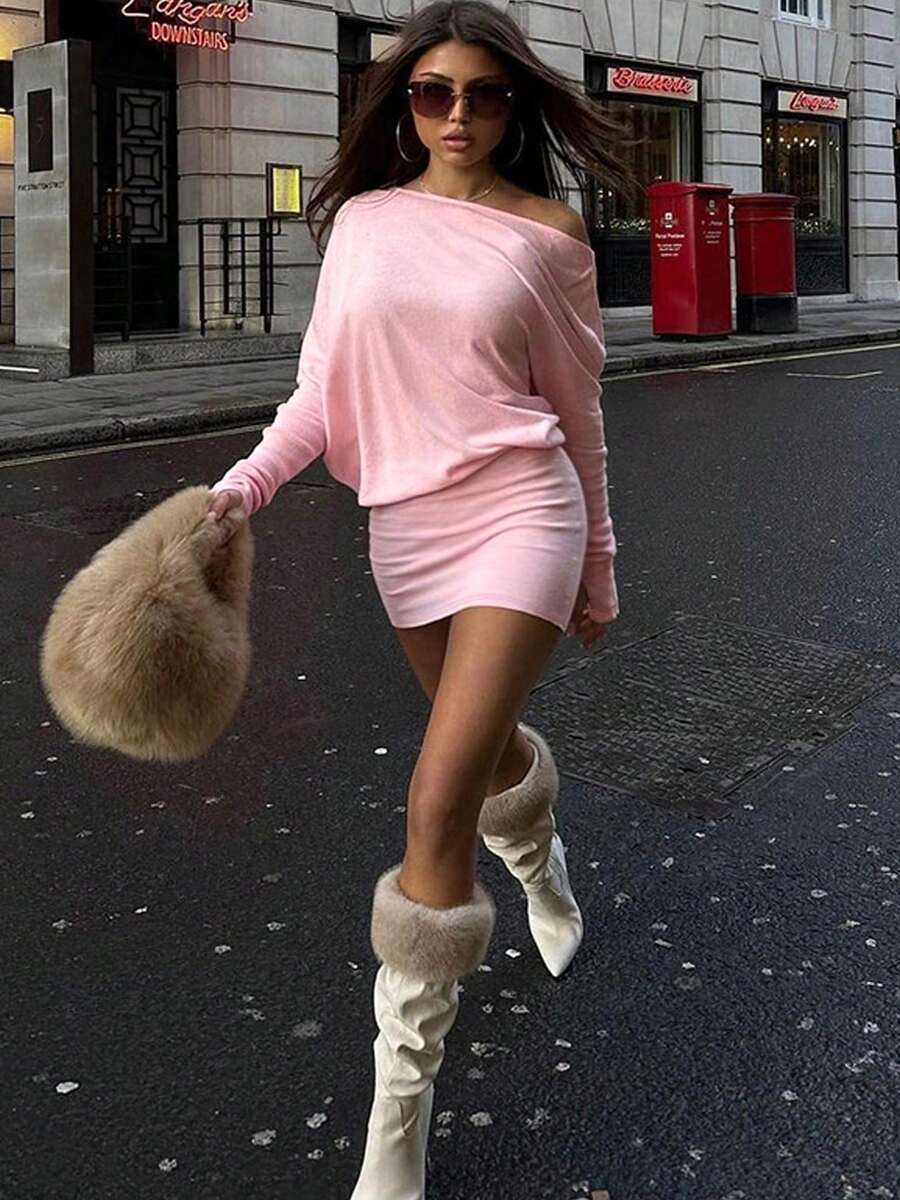 女士连衣裙，Y2K风格露肩长袖修身迷你连衣裙，纯色褶皱腰身休闲连衣裙，超薄夏季日常穿着优雅粉色