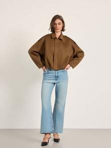 Faux Suede Lapel Loose Fit Flight Jacket - Coffee Brown - View 7