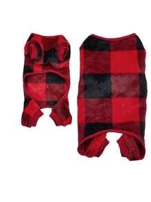 1 件法兰绒圣诞格子保暖宠物连体衣，猫/狗秋冬睡衣，圣诞节 - 紅色 - 查看 16