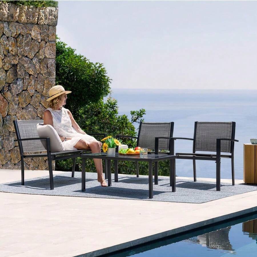 Devoko 4 Pieces Patio Furniture Set Outdoor Garden Patio Conversation Sets Poolside Lawn Chairs With Glass Coffee Table Porch Furniture (Black) - 灰色 - 查看 1