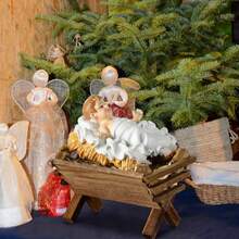 1 pieza Adorno del pesebre del Niño Jesús, decoración de escena de la Natividad del pesebre de Jesús de madera, decoración navideña religiosa Miniatura del pesebre para escena de Natividad interior (No incluye heno natural)