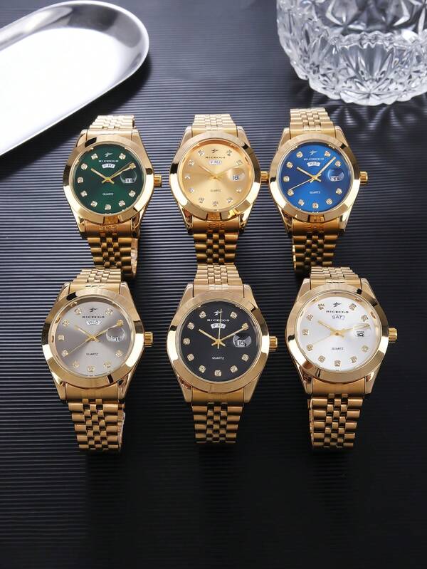RICECGO RICECGO 1 PC Exquisite Men's Quartz Watch, Gold Watch, Stainless Steel Strap, Dual Date Display, Suitable For Men Gifting