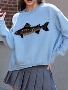 Women Knit Sweater Long Sleeve Crew Neck Fish Pullover Warm Sweater For Fall Winter - Blue - View 1