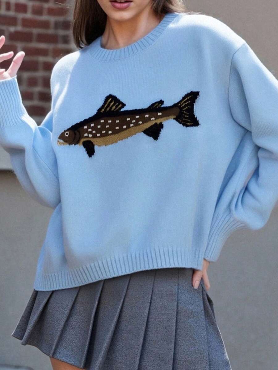 Women Knit Sweater Long Sleeve Crew Neck Fish Pullover Warm Sweater For Fall Winter - Blue - View 1