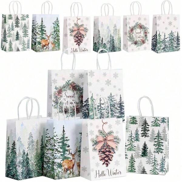 12/24pcs Random Pattern Christmas Paper Gift Bags, Snowflake Party Favor Bags With Handles, Decorative Bags For Xmas Winter Party Supplies For Presents And Xmas Holiday Party, Reindeer Xmas Treat Bags With Handles Christmas Christmas Decorations Christmas Pajamas Christmas Gifts Christmas Decor