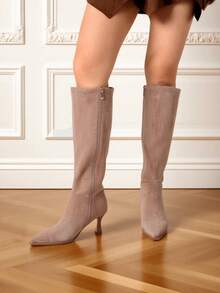 Knee High Heeled Long Boots For Women Fashion Pointed Toe Kitten Heels Mid-Calf Boots With Side Zipper Easy Comfy Fall Winter Shoes Women's Formal Long Boots  - 棕色麂皮 - 查看 4