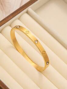 Bộ vòng tay và lắc tay bằng thép không gỉ đính đá Zirconia hình cỏ bốn lá thời trang thanh lịch dành cho nữ, thích hợp đeo hàng ngày, đeo nhiều lần, hẹn hò đôi, phối đồ trong nhiều dịp và làm quà tặng - Vàng - Xem 6