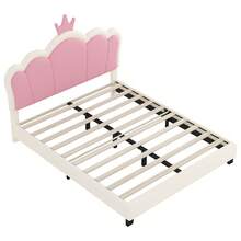 Full Size Upholstered Princess Bed With Crown Headboard For Girls, Full Size Platform Bed With Headboard And Footboard, White + Pink
