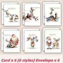 12 بطاقة تهنئة عيد الميلاد وأظرفة - تصاميم متنوعة لسانتا كلوز والرنة والرجل الثلجي - بطاقات مناسبة لعيد الميلاد والعام الجديد 2025 - مصنوعة من الورق