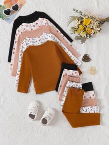 10pcs/Set Baby Girls Casual Long Sleeve T-Shirt & Pants Bottoming Outfit, Cute Sweet Heart & Letter Print, Stretchy Pullover Tee & Trousers Set, Suitable For Children In Spring & Autumn - Brown - View 3