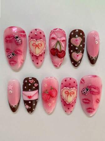 High-Quality Texture Y2K Sweet Letter, Suitable For Music Festivals. False Nails, Almond, Cute Cartoon, Cherry Bow. 24 Pieces Of False Nails +1 Piece Of Jelly Glue +1 Roll
