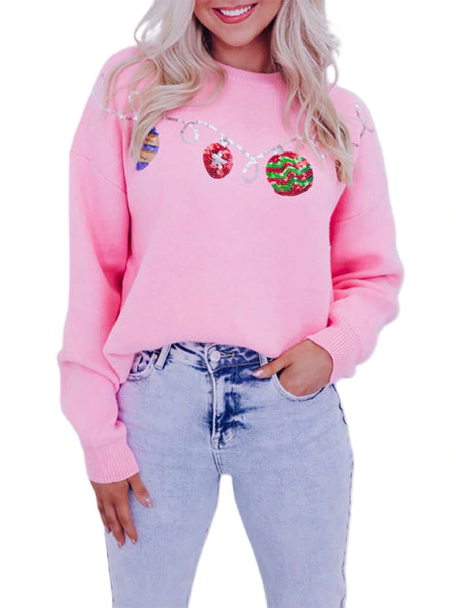 Women's Christmas Sweaters Sequin Ball Ornament Pattern Long Sleeve ...