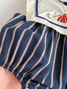 Infant Girls' Summer Outfit, Korean Style Sailor Collar Vertical Striped Bodysuit - Black - View 5