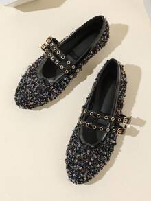 Women's Round Toe Flat Mary Jane Shoes With Metallic Accent, Fall, Autumn, Fashion Slip-On Flats