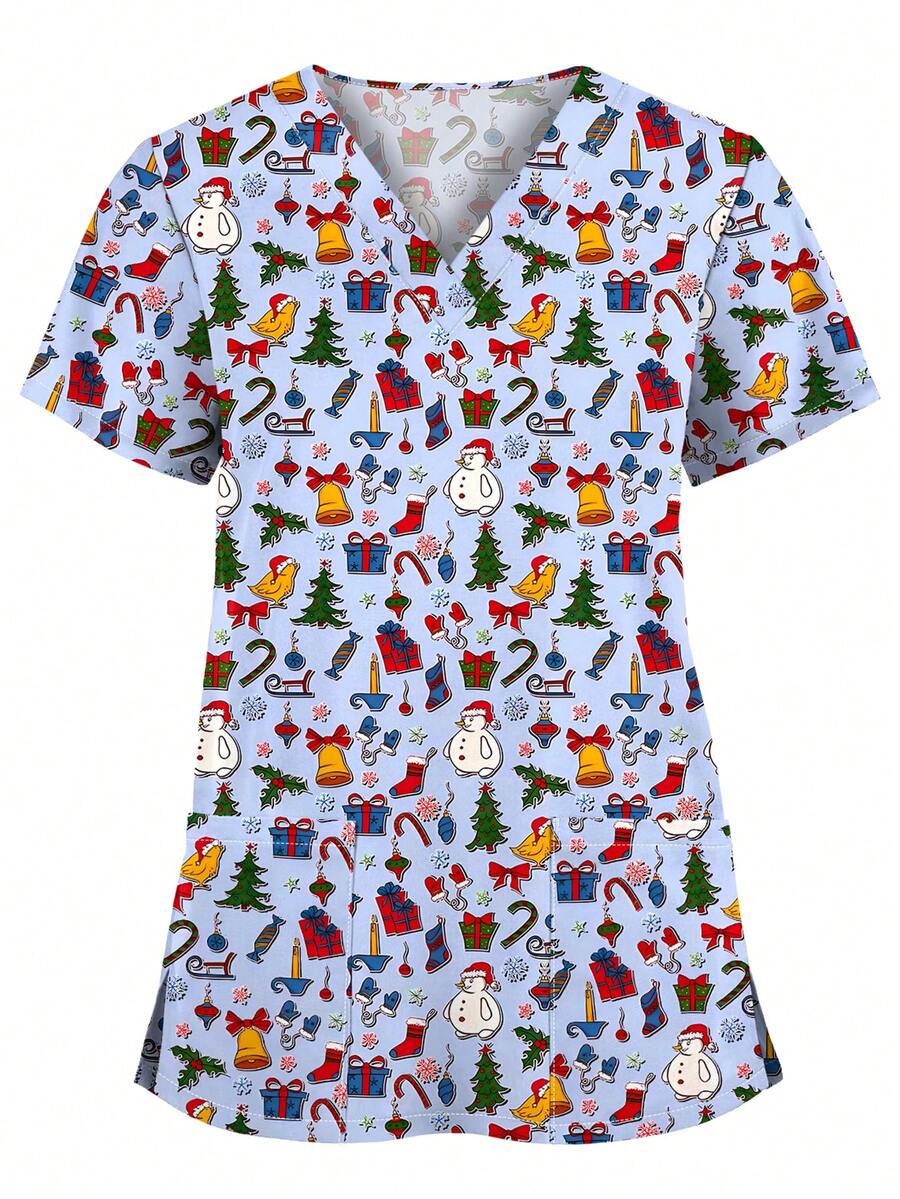 Women's Christmas Print Short Sleeve Scrub Top With Pockets, Snowman Pattern, Veterinary Uniform, V-Neck T-Shirt - Multicolor - View 1