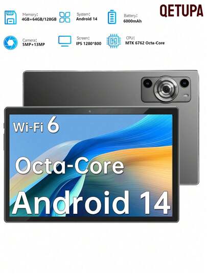 10.1 Inch Y02 Android 14 Tablet,4RAM+64GB/128GB ROM,MTK 6762 Octa-Core 2.0GHZ Processor,HD(1280x800) IPS Touch Screen,BT 5.4&802.11ax WiFi 6,5MP Front Camera&13MP Rear Camera,6000mAh Large Battery,No Support SIM Card