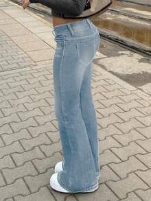 Jeans eleganti e alla moda a vita alta con design doppiopetto e gamba a zampa, snellenti e casual per la primavera - Blu lavato medio - Visualizzare 3