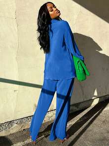 2pcs Women's Fashionable Pleated Shirt And Comfortable Wide-Leg Pants Set, Casual, Ladies Spring/Fall Casual Pocket, Zipper Long Sleeve Loose Blouse Pants Women Two-Piece Outfits, Casual Daily Wear - 寶藍色 - 查看 5