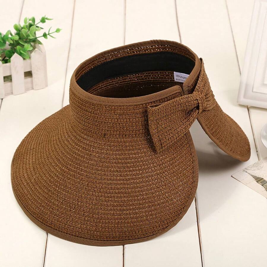 Women's Wide Brim Straw Sun Visor - Foldable Summer Hat With Bow For Outdoor Activities