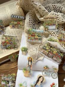 20pcs/Pack Cute Cartoon Girl, Flower, Vegetable, Food, Fruit Market Sticker Set, Vintage Adorable Stickers For Scrapbooking, Diary, Planner, Decor, Waterproof PET, Party Favors