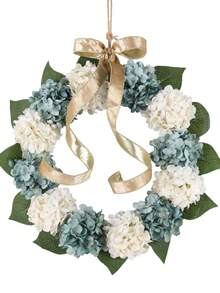 Artificial Hydrangeas Wreath - 17.7in Autumn Floral Garland With Hydrangeas, Fall Foliage - Hanging Door Decoration For Front Door, Mantel, Table Centerpiece - Easy Hang Loop - Thanksgiving, Christmas, Home Decor - Year-Round Fall Decoration - 白色和藍色 - 查看 4
