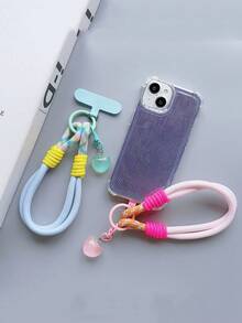 Cordón corto para teléfono con colgante de corazón de dos colores, correa de muñeca corta, cordón colgante reforzado, clip de teléfono lindo
