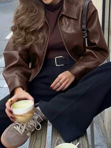 Vaiaye 女式春秋长袖 PU 前拉链宽松休闲夹克秋冬女装，适合街头穿着，休闲宽松长袖女式皮夹克，秋冬女装 - 棕色 - 查看 6