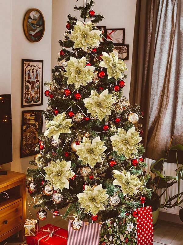 1/10 pezzi Fiori di Natale multicolore da 15 cm, fiori artificiali di Poinsettia con molletta, decorazione fai-da-te per corona, decorazione per la casa, matrimonio, festa, regalo di Natale, decorazione natalizia e per Capodanno, ornamenti natalizi, fiori di Natale artificiali con glitter