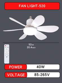 20.5英寸大型吊扇灯，带遥控器，40瓦灯座，E26/E27灯头，3档风速调节，色温3000K-6500K可调，灯座延长杆，适用于浴室、厨房和小房间 - 均碼 - 查看 12