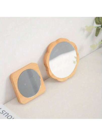 Round Kanten held Mirror, Solid Wood Dormitory Girls' Makeup Portable Compact Dressing Spiegel view 6