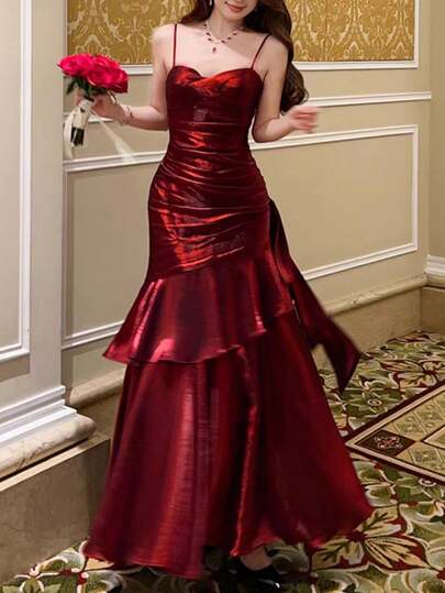 优雅别致派对女士复古修身紧身生日晚宴舞会酒红色吊带裙