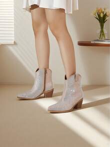 Women Rhinestone Cowboy Boots Glitter Chunky Heel Sparkly Cowgirl Ankle Boots, Dressy Wedding Bride Bridesmaid Prom Graduation Dress Shoes Valentines - 米色 - 查看 8