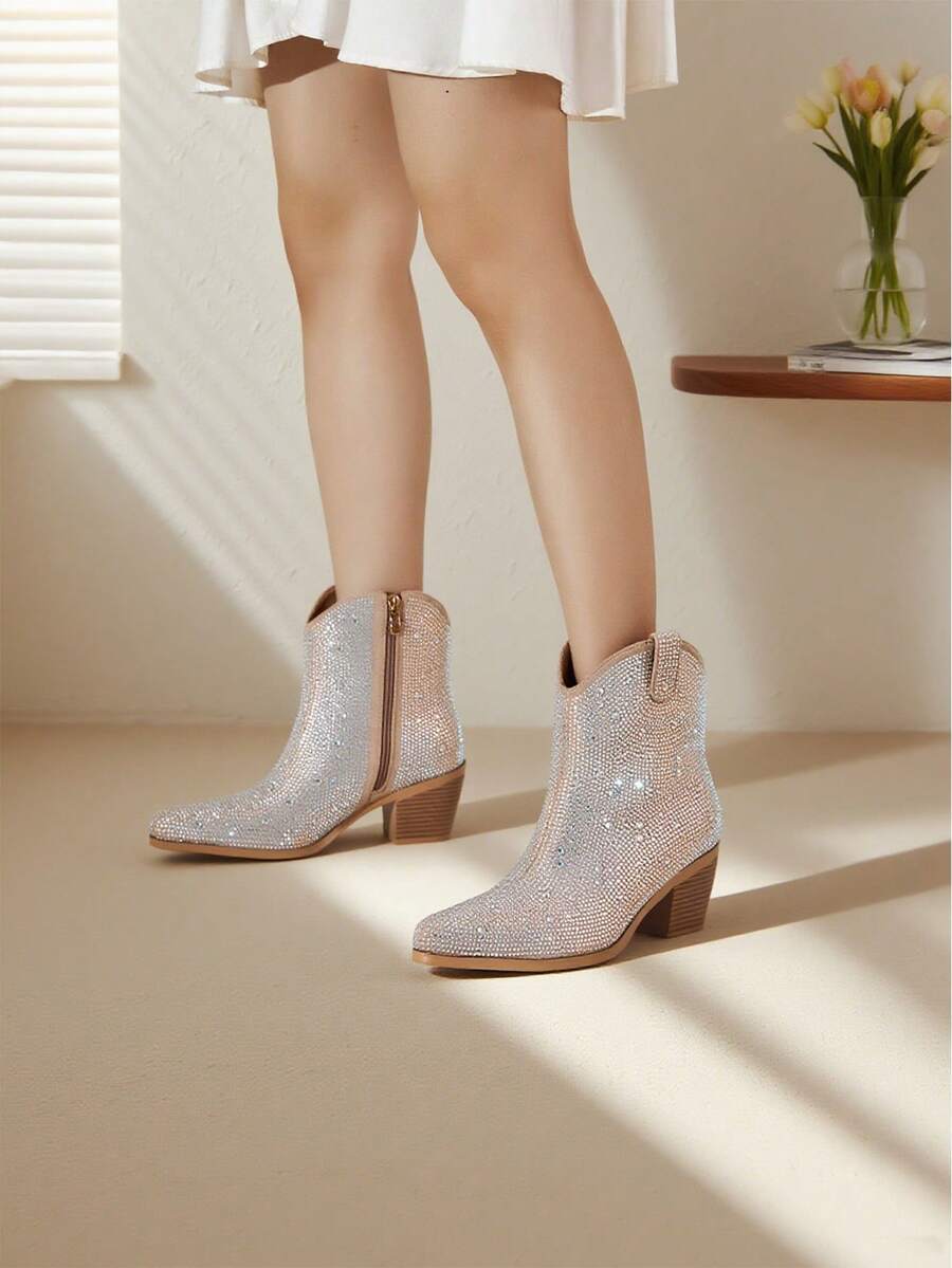 Women Rhinestone Cowboy Boots Glitter Sparkly Cowgirl Ankle Boots, Dressy Wedding Chunky Heel Booties For Party Prom Graduation Dress Valentines - 米色 - 查看 1