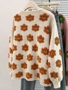 Ladies' Fashion Knit Cardigan - Round Neck, Floral Embroidery & Button Front, Casual Loose Fit