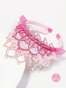 1pc Bridal Crystal Crown Headband, Fashionable Gradient Pink Lace & Crystal Headpiece For Girls - A - View 9