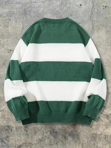 Seasonal New Striped Minimalist Drop Shoulder Crew Neck Long Sleeve Casual Loose Knit Pullover Unisex Top - Green - View 4