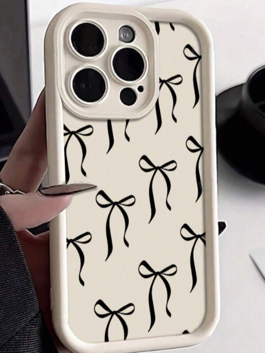 Bowknot Simple Groove Black Painted Protective Phone Case Compatible With IPhone 16/IPhone 15/XR/IPhone 16 Pro Max/7P 8P/P12 Pro Max/P13 Pro Max/P14 Pro Max/P13/P14/P11/P12/P14, Cute & Fashionable Thick Soft Anti-Fall Phone Cover For XS/S/XS Max/7 8 GES2