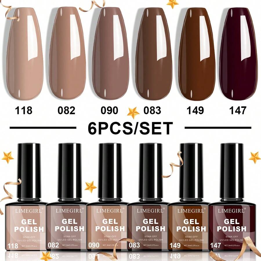 LIMEGIRL LIMEGIRL 6 Colors Brown Gel Nail Polish Set, Nude Brown Polish 2025 Gel Polish Colors Neutral Nail Polish Kit Soak Off Gel Polish Nail Art DIY Gift For Girls Women