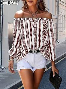 Plus Women's Geometric Printed One Shoulder Lantern Sleeve Lace Up Shirt Top - Brown - View 1
