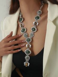 1 件复古夸张时尚仿宝石 Y 形流苏长项链，粗珠宝巴洛克风格法式奢华几何古金色毛衣链吊坠项链适合女性日常、派对、活动 - 銀 - 查看 5