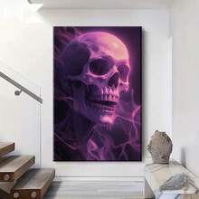1 pieza Póster de arte de pared con cráneo gótico místico morado - Impresión en lienzo con marco de madera de tonos violeta y morado profundo, decoración gótica moderna para sala de estar, baño, regalos de Halloween y días festivos - Pintura contemporánea de cráneo etéreo, instalación de gancho fácil, decoración, diseño geométrico, obra de arte, decoración de dormitorio y accesorios, decoración del hogar y accesorios, decoración de pared, 2D plano, enmarcado, lienzo envuelto, pintura decorativa lista para colgar