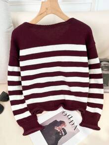Women's Autumn And Winter Fashion Retro Round Neck Long Sleeve Short Knitted Cardigan, Striped Color Blocking And Rolled Edge Design, Double Pockets, Large Metal Buttons, Elegant And Casual Daily Top.