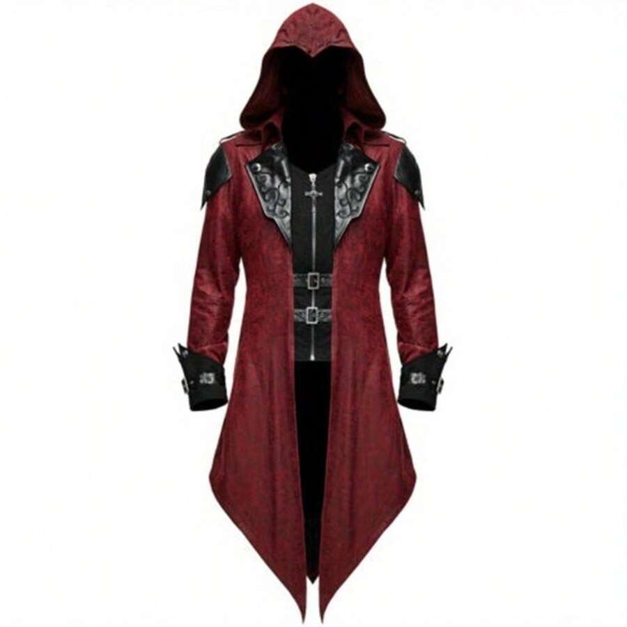 Men'S Medieval Gothic Jacket - Vintage Halloween Costume Coat With Hooded Cloak, Steampunk Renaissance Tailcoat For Cosplay, Renaissance Fairs, Themed Parties - Available In Black/Red/ - Historical Reenactment Attire, Goth Accessories, Cosplay Outfit, Intricate Detailing, Detailed Craftsmanship, Cosplay Enthusiasts, Highquality Fabric, Cosplay Fans - 紅色 - 查看 1